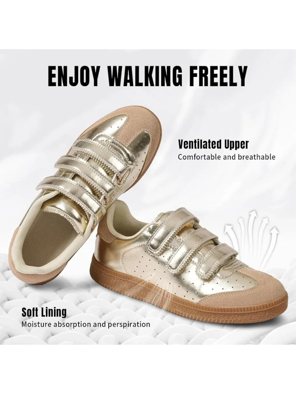 Women's Gold Faux Leather Comfortable Retro with Hook and Loop Closure Sneaker